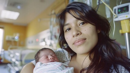 Portrait of a mother and her newborn baby in hospital ward.