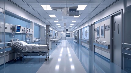 Naklejka na ściany i meble Interior of a modern hospital corridor. 3d rendering image.