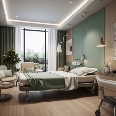 Naklejka na ściany i meble 3d rendering luxury modern bedroom suite in hotel with green and wooden walls