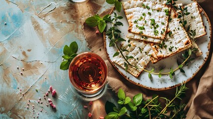 Jewish holiday Passover concept with matzah . Top view - obrazy, fototapety, plakaty