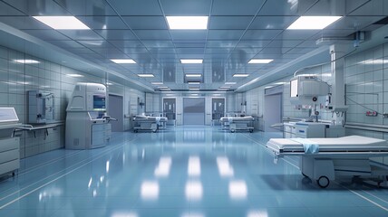 3d render of modern hospital corridor interior with bed and equipment.