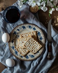 Jewish holiday Passover concept with matzah . Top view