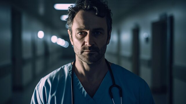 Portrait of a serious doctor standing in the corridor of a hospital