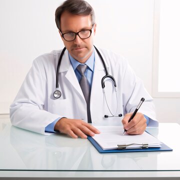 Portrait of a male doctor writing on clipboard while sitting at his working place.