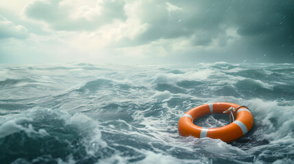 Lifebuoy Floating on sea in storm , cinematic composition,  seascapes, cloudy sky, Submissive buoyancy, rescue equipment ,  beacon of hope and safety in vast expanse, ocean