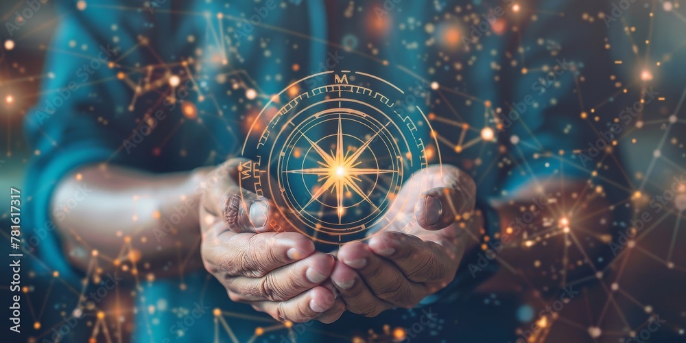 Poster hands cupping a luminous holographic compass, symbolizing direction and exploration in the digital a