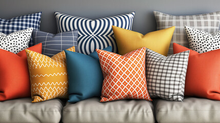 Set of comfortable multi-colored cushions for the sofa.