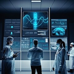 Medical team in modern hospital interior with x-ray images. Mixed media
