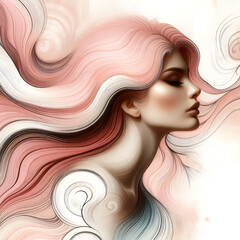 Elegant, mysterious woman face with swirling and texture in pencil sketch style. Soft, flowing lines and curves create visual symphony evoking emotions of serenity and wonde, beauty industry design