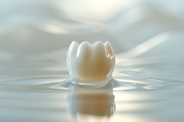 Fototapeta na wymiar Elegant porcelain dental crown floating on reflective surface