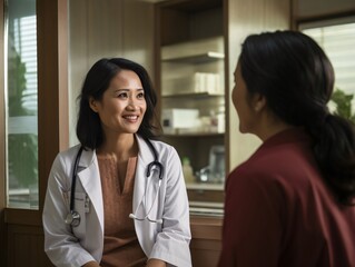 Asian female doctor talking to female patient at hospital. Healthcare and medical service.