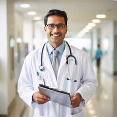indian male doctor with stethoscope and clipboard at hospital corridor
