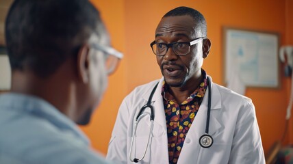 African american male doctor talking with patient in clinic. Medical and healthcare concept.