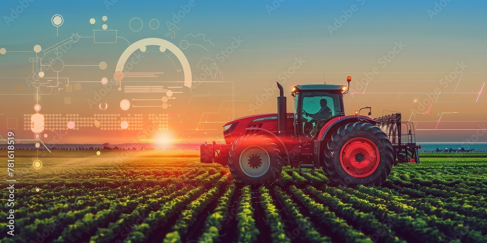 Fototapete dawn of smart agriculture: tractor equipped with advanced technology navigating through a field of c