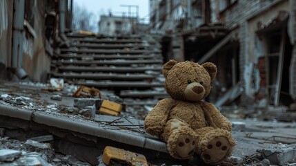 Lonely teddy bear in a ruined cityscape