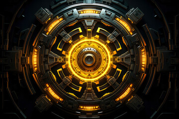 Fototapeta premium Digital abstract background 3D mandala with yellow neon lights, with tech elements.