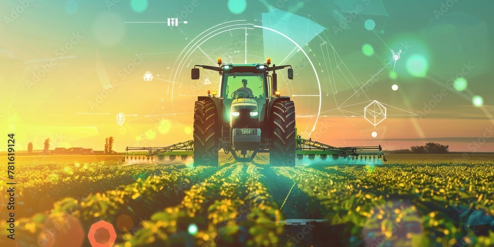 Fototapete dawn of smart agriculture: tractor equipped with advanced technology navigating through a field of c