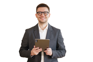 A businessman man with glasses uses a tablet computer employee in the office. Isolated background.