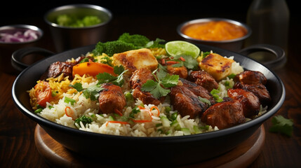 Delicious Briyani bowl with meat, vegetables and egg 