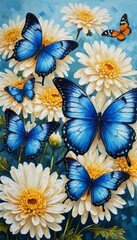 Painting featuring daisies and blue tropical butterflies vibrant blue background created oil paints