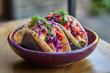 A pair of poke tacos brimming with fresh vegetables and proteins in a bowl-shaped wooden taco holder, enticing for food magazine features or mexican restaurant menu