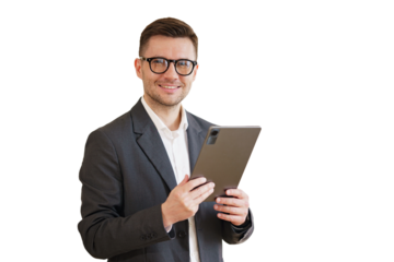 A male businessman uses a tablet computer of an employee in the office. Isolated background.
