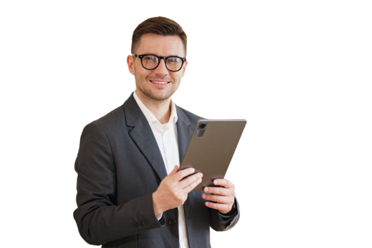 A male businessman uses a tablet computer of an employee in the office. Isolated background.