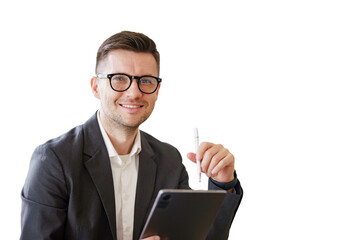 A businessman man with glasses uses a tablet computer employee in the office. Isolated background.