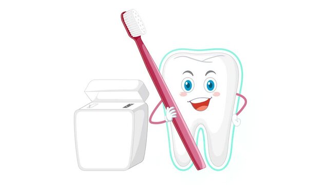 The cartoon tooth is holding a toothbrush with toothpaste in his hand and a box of floss next to it. Funny 2D animation for dentistry 