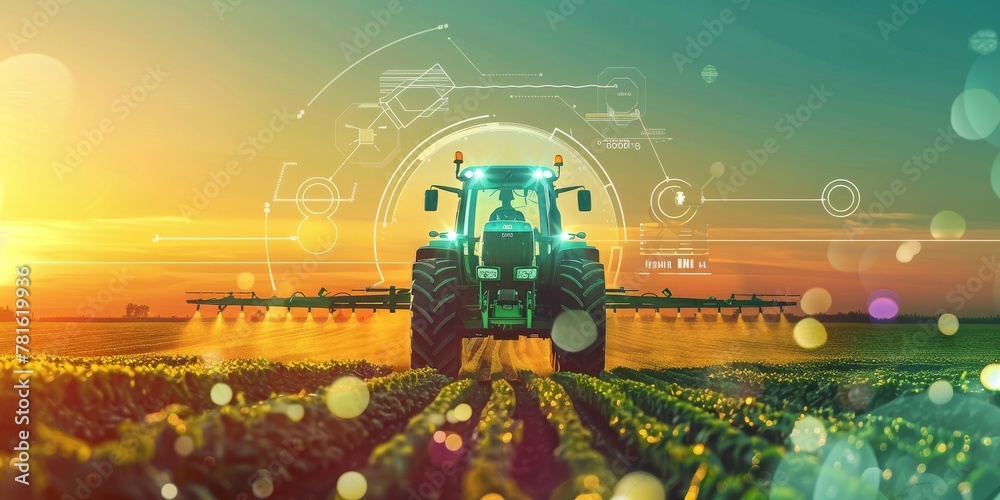 Poster Dawn of Smart Agriculture: Tractor Equipped with Advanced Technology Navigating Through a Field of Crops at Sunrise, Generative AI