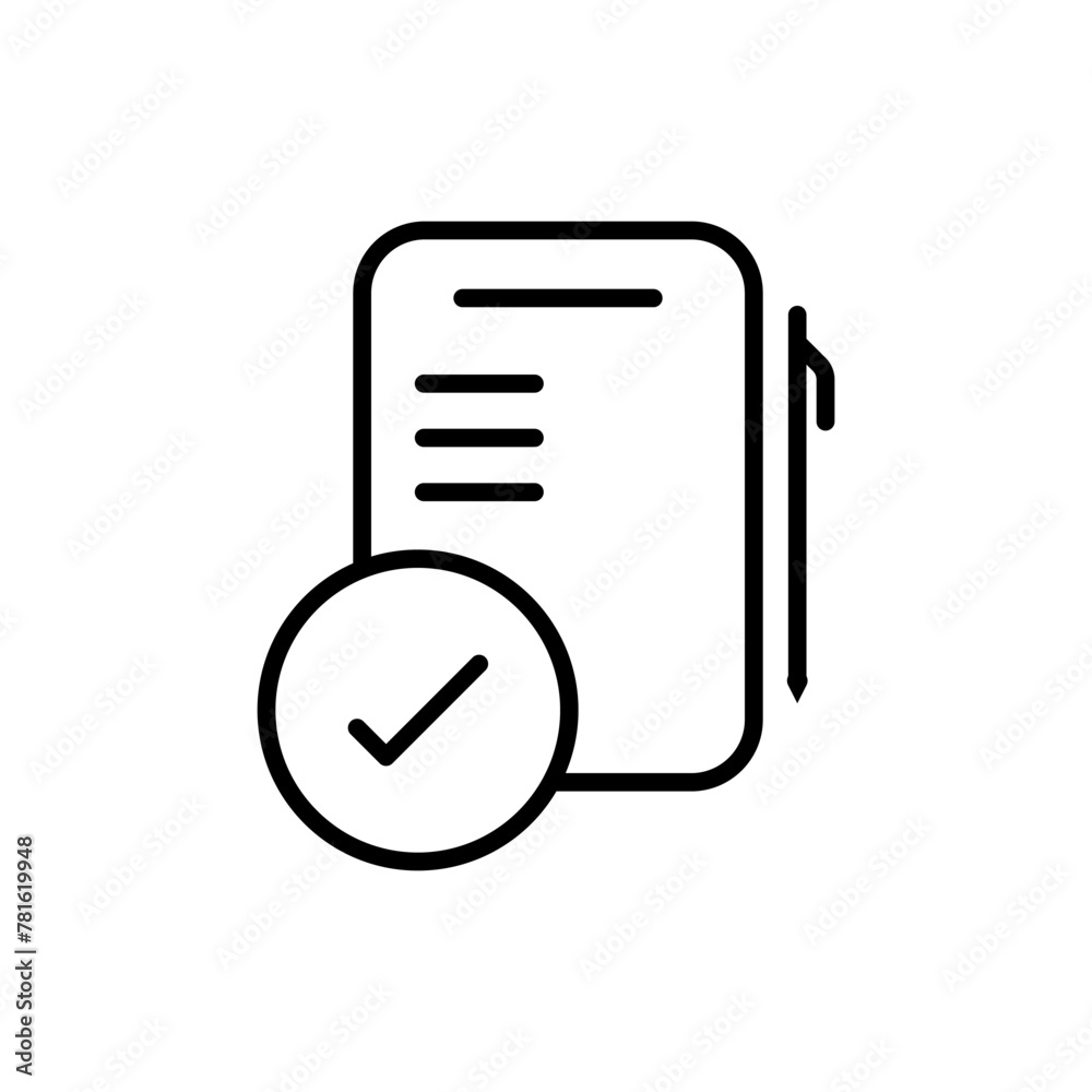 Poster document with a check mark vector. checklist linear icon. a sheet with a pen for filling. a tick and