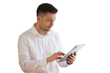 A male financier administrator uses a tablet computer of an employee in the office. Isolated...
