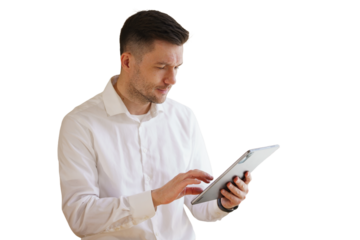 A male financier administrator uses a tablet computer of an employee in the office. Isolated background.