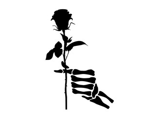 Skeleton hand giving rose flowers, gesture, gift, fingers, black flat vector, cut files
