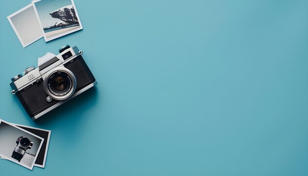 Wallpaper of a camera with printed photos and workspace