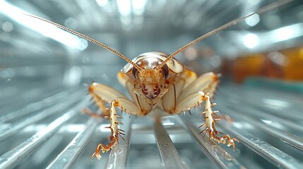 In the refrigerator, a brown cockroach crawls up a light background