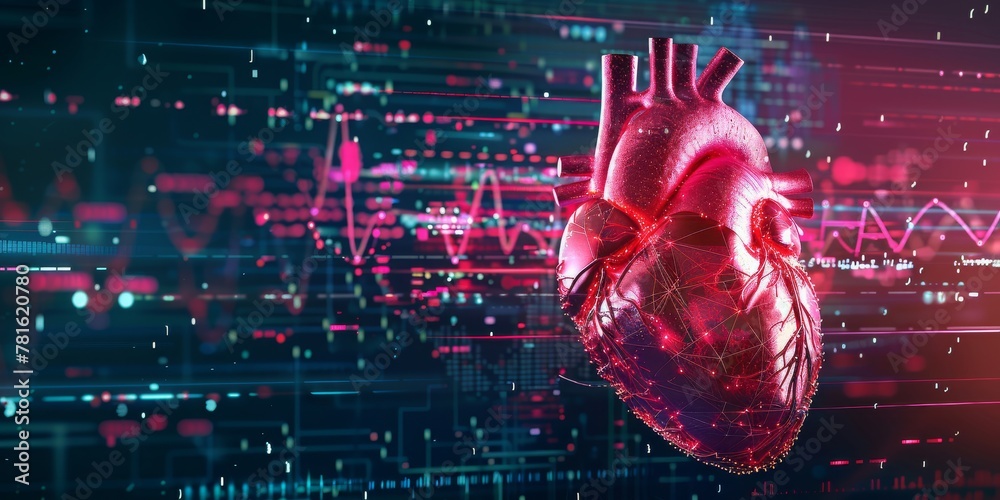 Poster a digitalized heart in a network of cyber connections, symbolizing the intersection of technology an