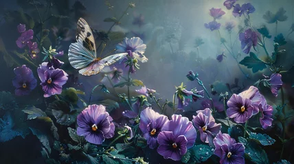 Fotobehang An enchanting moment captured as a delicate butterfly flits from one delicate purple pansy to another, its wings carrying it gracefully through the lush garden. © CREATER CENTER