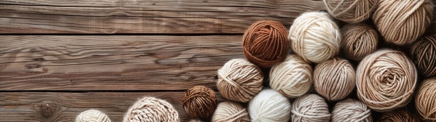 Wool balls in different colors, perfect for knitting and crafting, a delightful array of soft threads for creative hobbies. Hand knitting and needlework concept. - obrazy, fototapety, plakaty