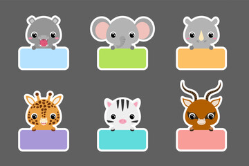 Colored school labels set for kids. Cute cartoon animals shaped notepads, memo pad, sticky tags, scrapbooking, cards, baby shower, invitation. Vector stock illustration
