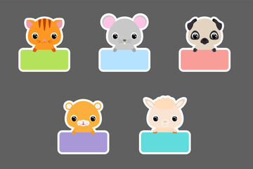 Colored school labels set for kids. Cute cartoon animals shaped notepads, memo pad, sticky tags, scrapbooking, cards, baby shower, invitation. Vector stock illustration