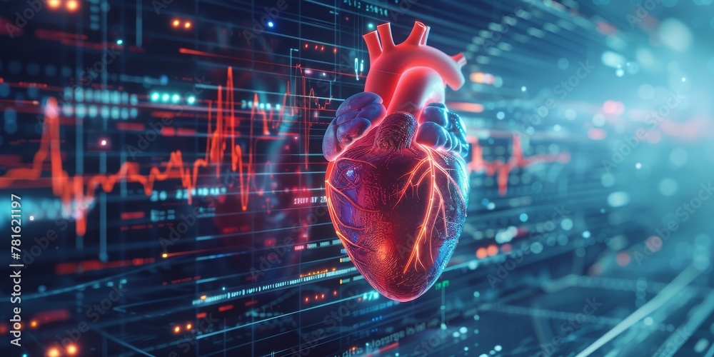 Poster a digitalized heart in a network of cyber connections, symbolizing the intersection of technology an