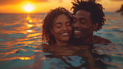 Black couple, travel and beach fun while laughing on sunset nature adventure and summer vacation or honeymoon with a piggy back ride. Comic, energy and black man and woman love on ocean holiday.