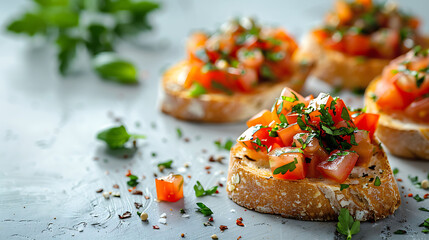 Tomato basil crostini on grey textured background. Close-up with place for text. Italian cuisine appetizer concept for design and print