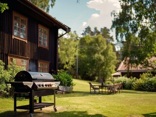 Photograph of grill in the backyard of typical finnish house, nice summer day atmosphere