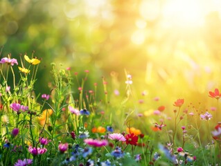 Obraz na płótnie Canvas Summer backyard with vibrant wildflowers and warm sunlight with copy space