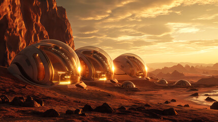 Space colony with dome-shaped habitats on Mars landscape during sunset, golden hues of setting sun illuminate domes, casting ethereal glow that contrasts with rocky terrain Mars colonization concept