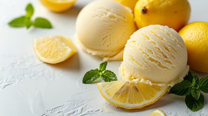 Lemon sorbet scoops with fresh lemon slices and mint on a white background. Citrus dessert concept with copy space for menu design and food blogs - obrazy, fototapety, plakaty