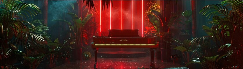 A dark atmospheric stage surrounded by tropical plants