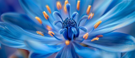 A macro shot of a striking blue flower with energetic pollen stems radiating beauty and vitality. - obrazy, fototapety, plakaty